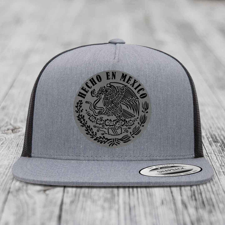 Hecho En Mexico - Leather Patch Hat - Grey to Black Patch - Yupoong 6006 Snapback Flatbill Hat