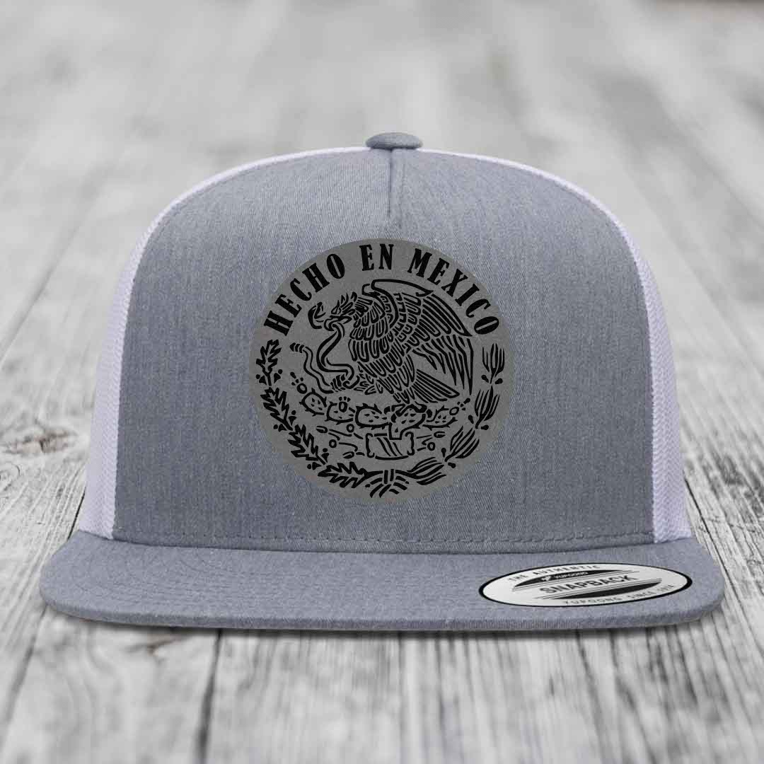 Hecho En Mexico - Leather Patch Hat - Grey to Black Patch - Yupoong 6006 Snapback Flatbill Hat