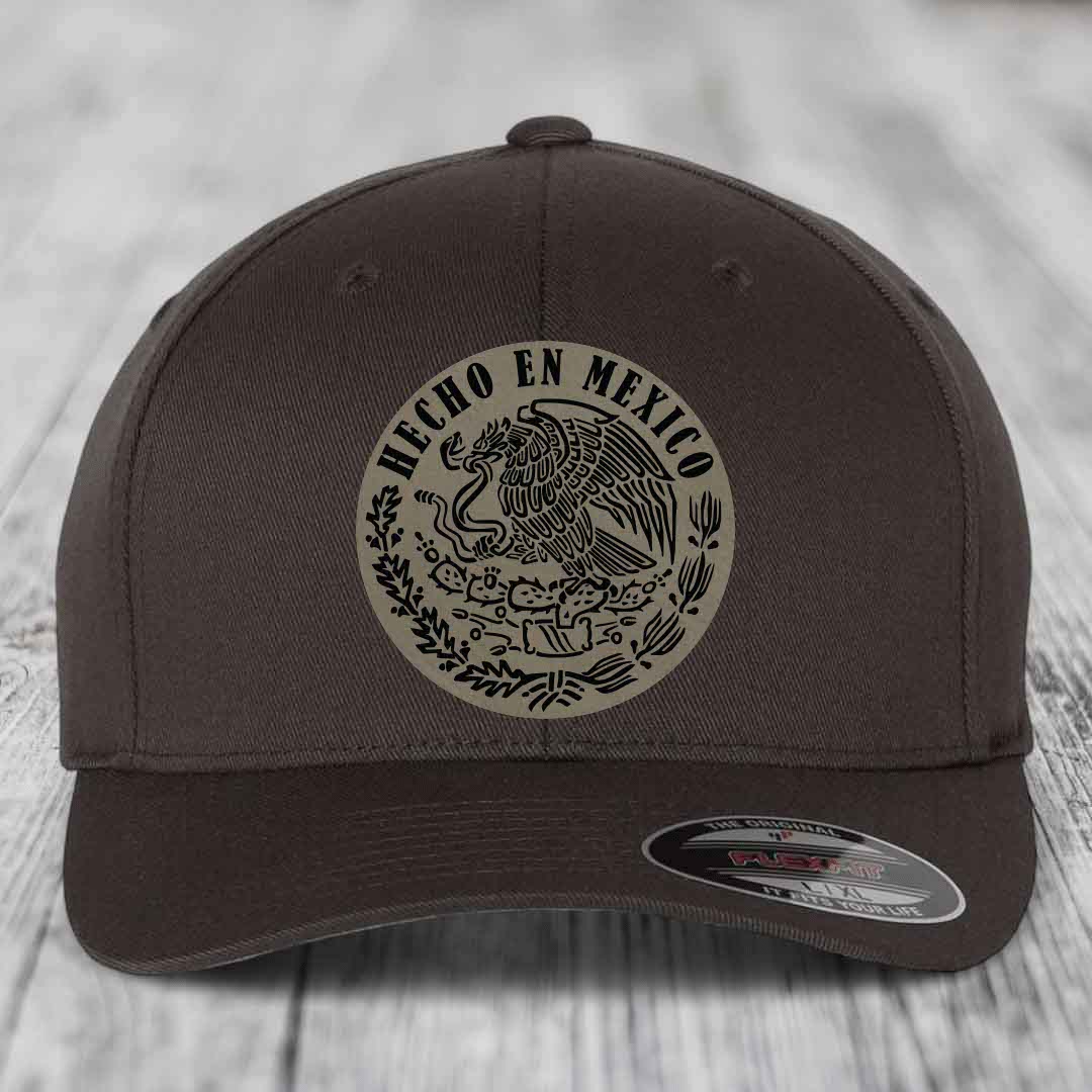 Hecho En Mexico - Leather Patch Hat - Light Brown to Black Patch - Flexfit 6277 Fitted Hat