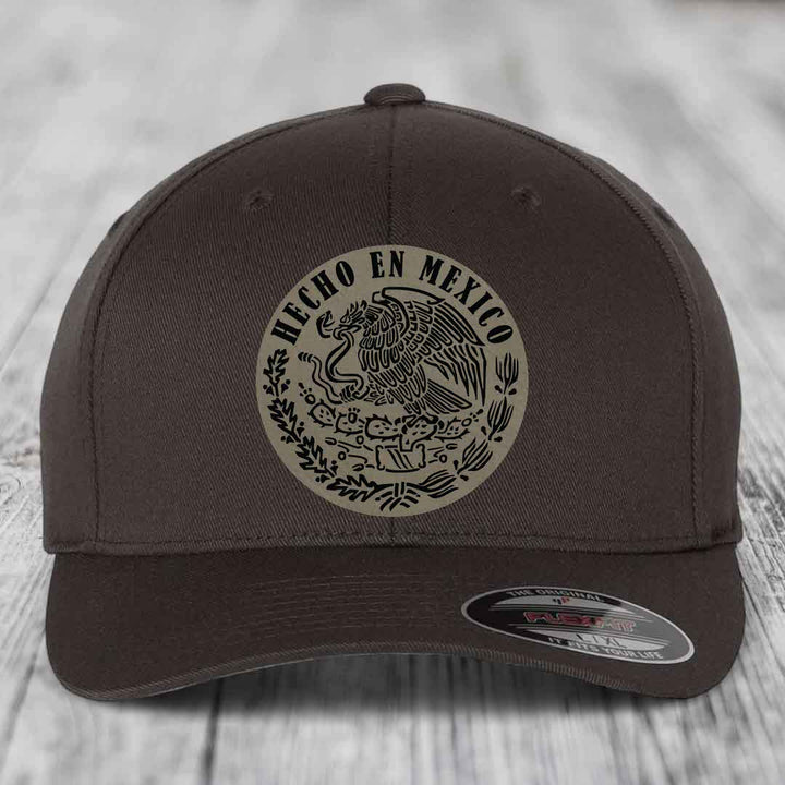 Hecho En Mexico - Leather Patch Hat - Light Brown to Black Patch - Flexfit 6277 Fitted Hat