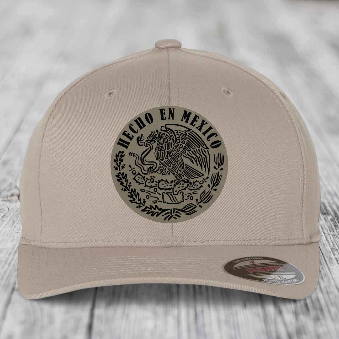 Hecho En Mexico - Leather Patch Hat - Light Brown to Black Patch - Flexfit 6277 Fitted Hat