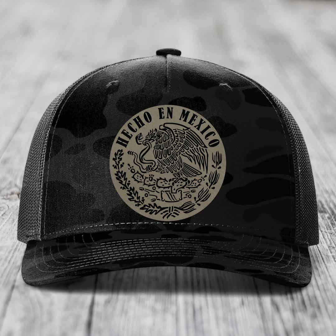 Hecho En Mexico - Leather Patch Hat - Light Brown to Black Patch - Richardson 112PFP Snapback Trucker Hat