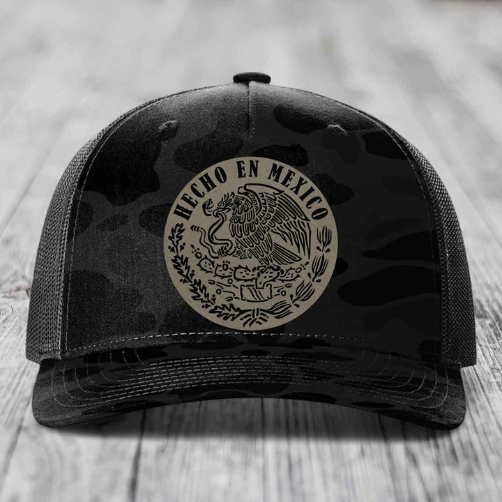 Hecho En Mexico - Leather Patch Hat - Light Brown to Black Patch - Richardson 112PFP Snapback Trucker Hat