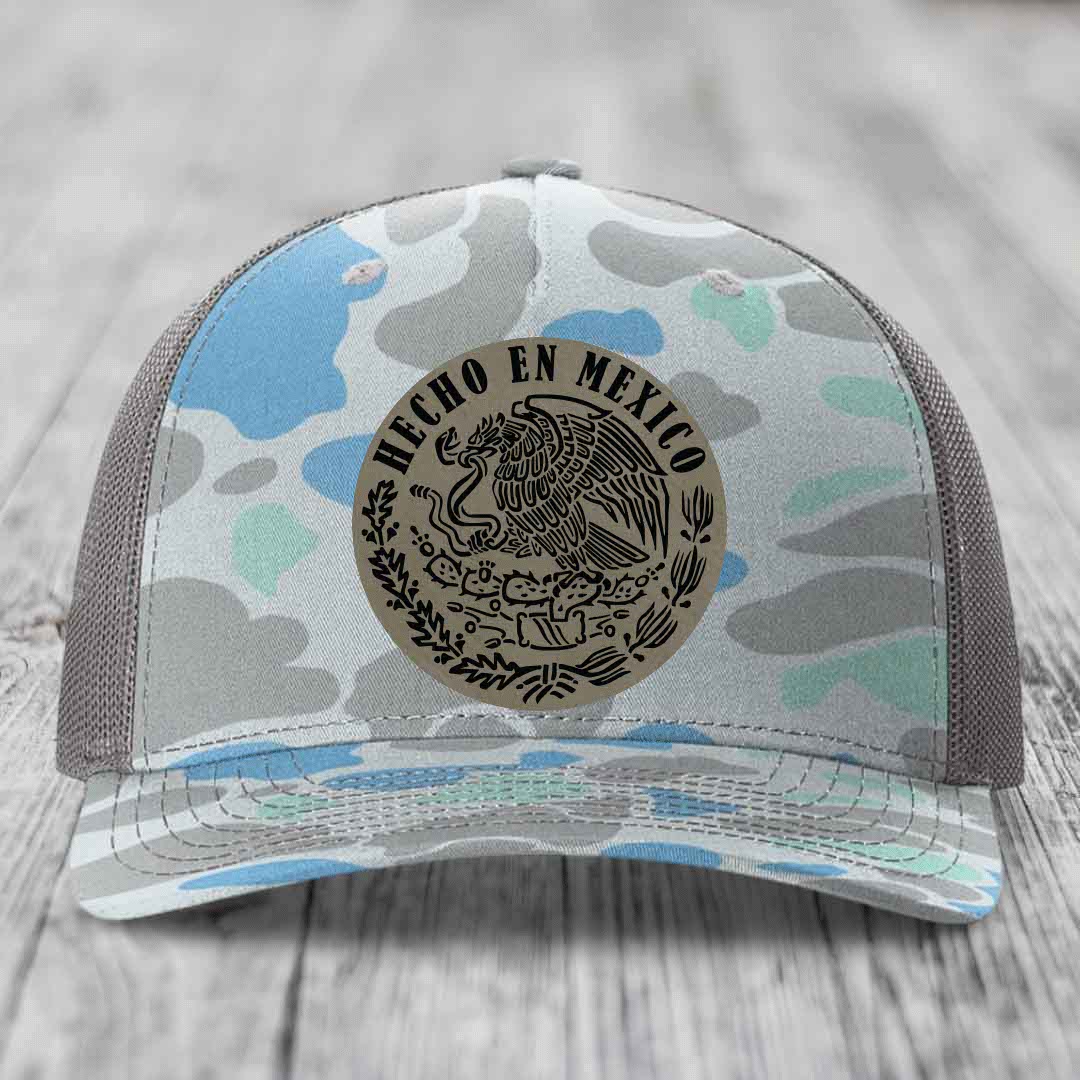 Hecho En Mexico - Leather Patch Hat - Light Brown to Black Patch - Richardson 112PFP Snapback Trucker Hat