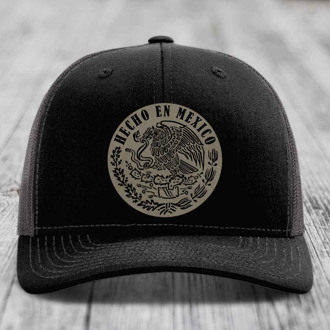 Hecho En Mexico - Leather Patch Hat - Light Brown to Black Patch - Richardson 112 Snapback Trucker Hat