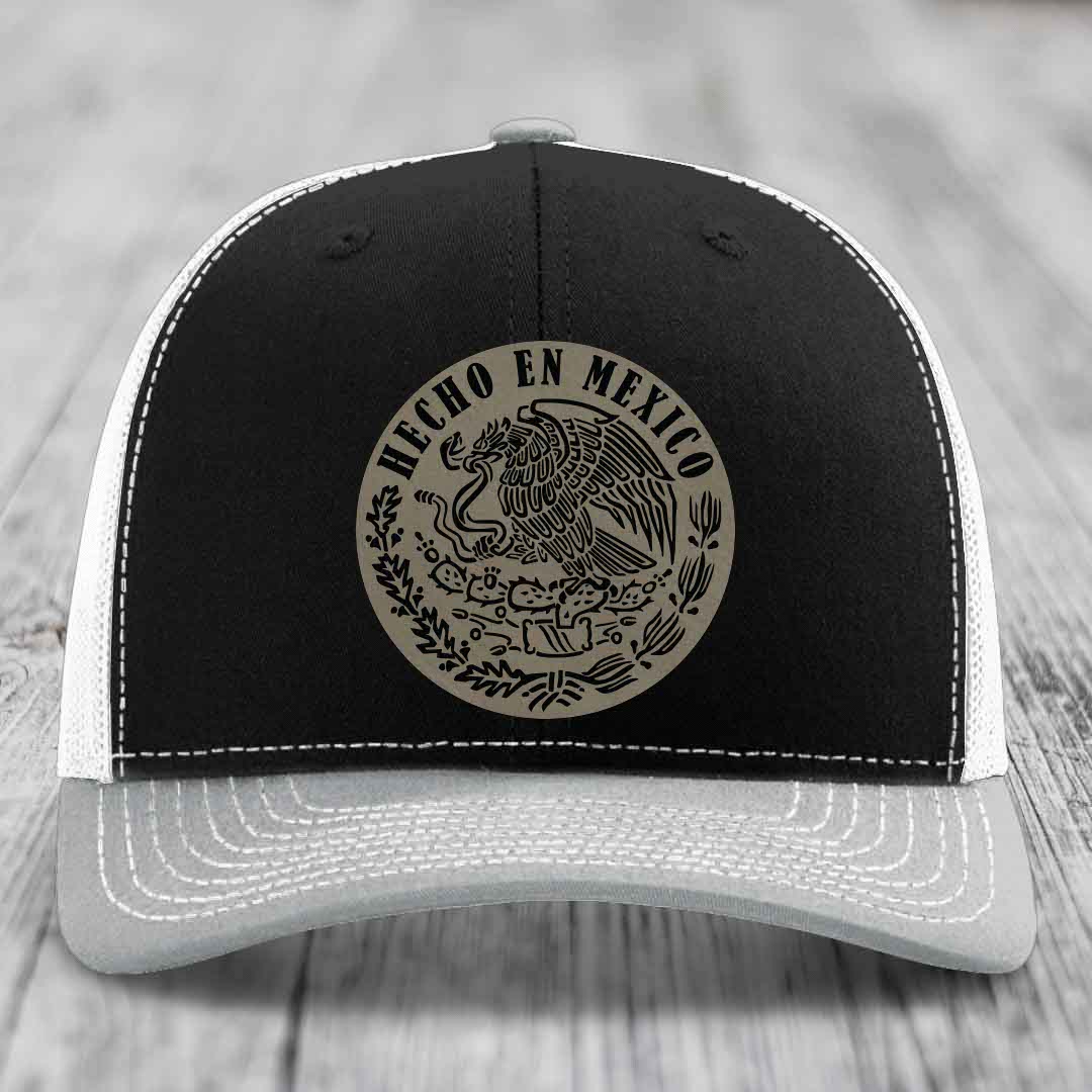 Hecho En Mexico - Leather Patch Hat - Light Brown to Black Patch - Richardson 112 Snapback Trucker Hat