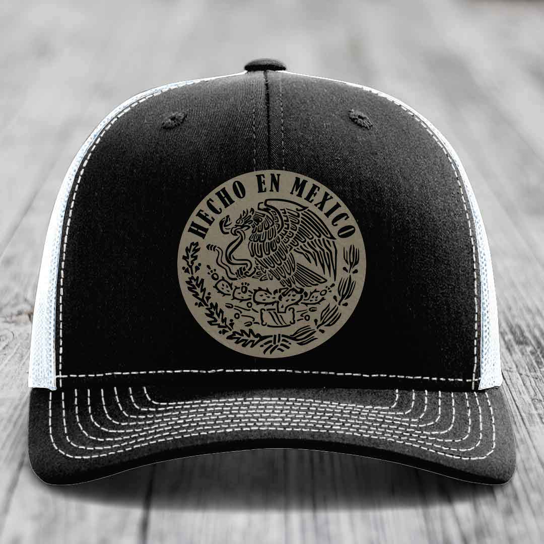 Hecho En Mexico - Leather Patch Hat - Light Brown to Black Patch - Richardson 112 Snapback Trucker Hat
