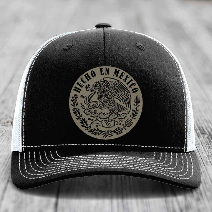Hecho En Mexico - Leather Patch Hat - Light Brown to Black Patch - Richardson 112 Snapback Trucker Hat