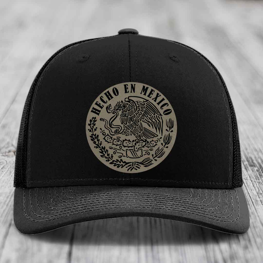 Hecho En Mexico - Leather Patch Hat - Light Brown to Black Patch - Richardson 112 Snapback Trucker Hat