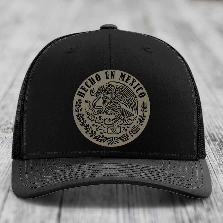 Hecho En Mexico - Leather Patch Hat - Light Brown to Black Patch - Richardson 112 Snapback Trucker Hat