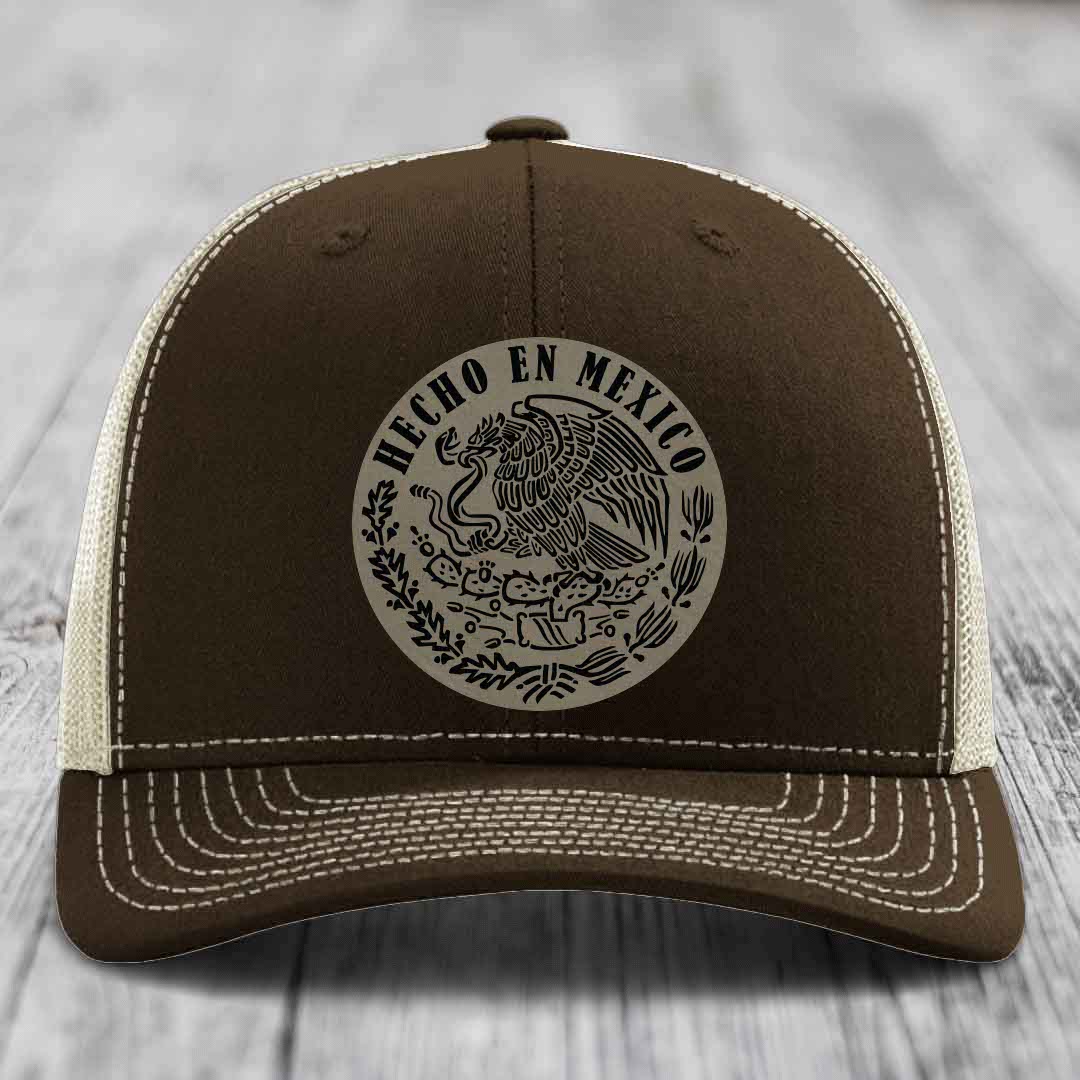 Hecho En Mexico - Leather Patch Hat - Light Brown to Black Patch - Richardson 112 Snapback Trucker Hat