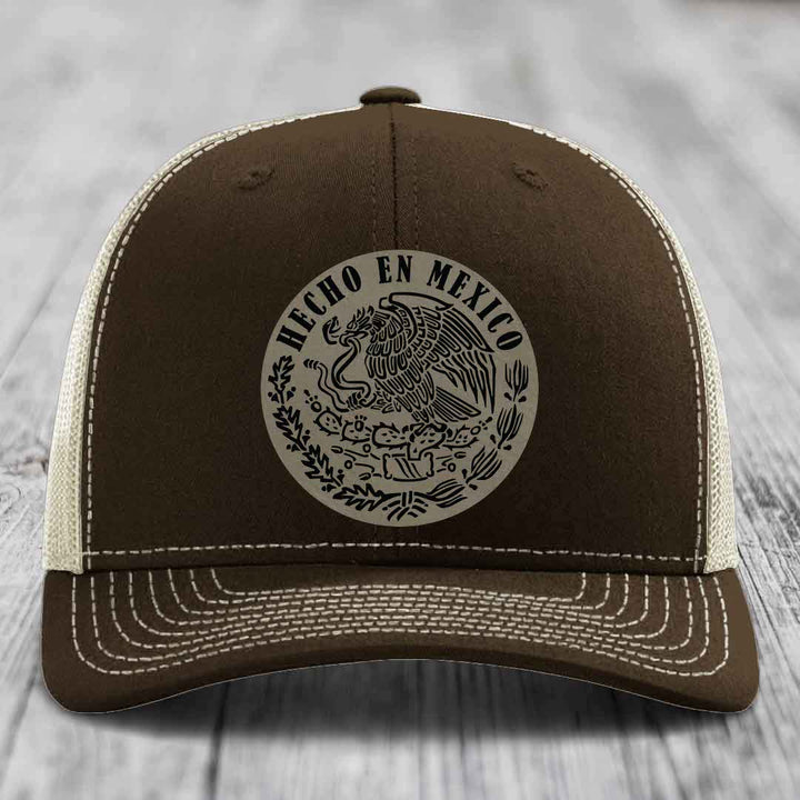 Hecho En Mexico - Leather Patch Hat - Light Brown to Black Patch - Richardson 112 Snapback Trucker Hat