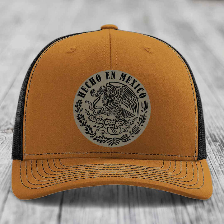 Hecho En Mexico - Leather Patch Hat - Light Brown to Black Patch - Richardson 112 Snapback Trucker Hat