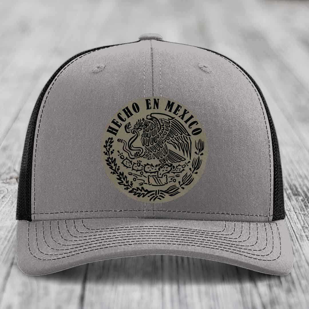 Hecho En Mexico - Leather Patch Hat - Light Brown to Black Patch - Richardson 112 Snapback Trucker Hat