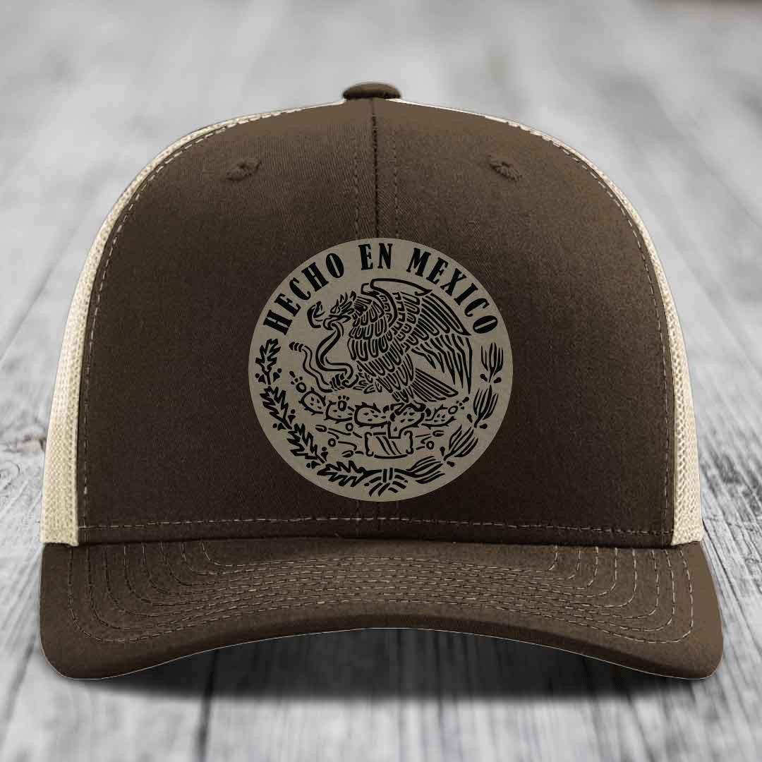 Hecho En Mexico - Leather Patch Hat - Light Brown to Black Patch - Richardson 112 Snapback Trucker Hat