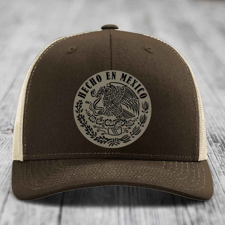 Hecho En Mexico - Leather Patch Hat - Light Brown to Black Patch - Richardson 112 Snapback Trucker Hat