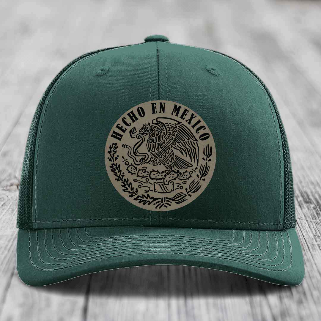 Hecho En Mexico - Leather Patch Hat - Light Brown to Black Patch - Richardson 112 Snapback Trucker Hat