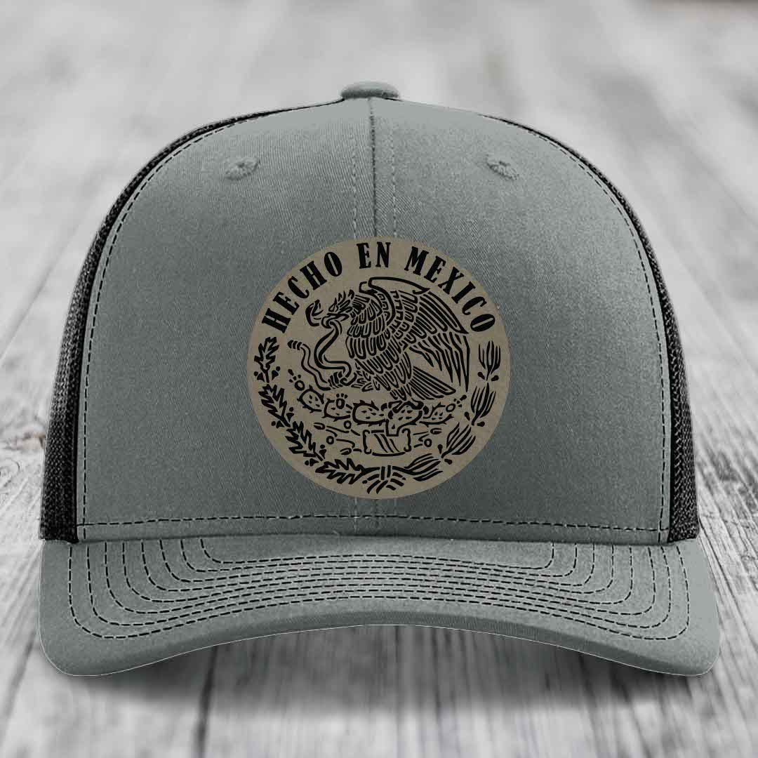 Hecho En Mexico - Leather Patch Hat - Light Brown to Black Patch - Richardson 112 Snapback Trucker Hat
