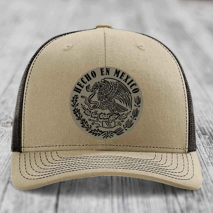 Hecho En Mexico - Leather Patch Hat - Light Brown to Black Patch - Richardson 112 Snapback Trucker Hat