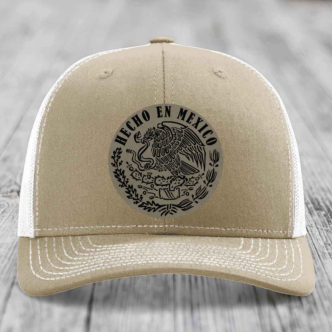 Hecho En Mexico - Leather Patch Hat - Light Brown to Black Patch - Richardson 112 Snapback Trucker Hat