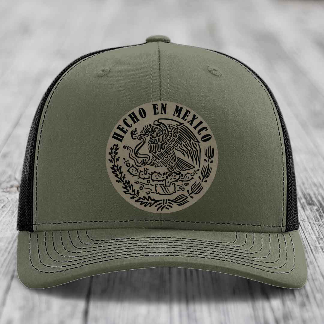 Hecho En Mexico - Leather Patch Hat - Light Brown to Black Patch - Richardson 112 Snapback Trucker Hat