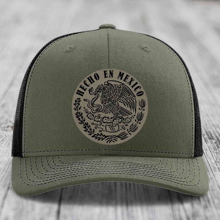 Hecho En Mexico - Leather Patch Hat - Light Brown to Black Patch - Richardson 112 Snapback Trucker Hat