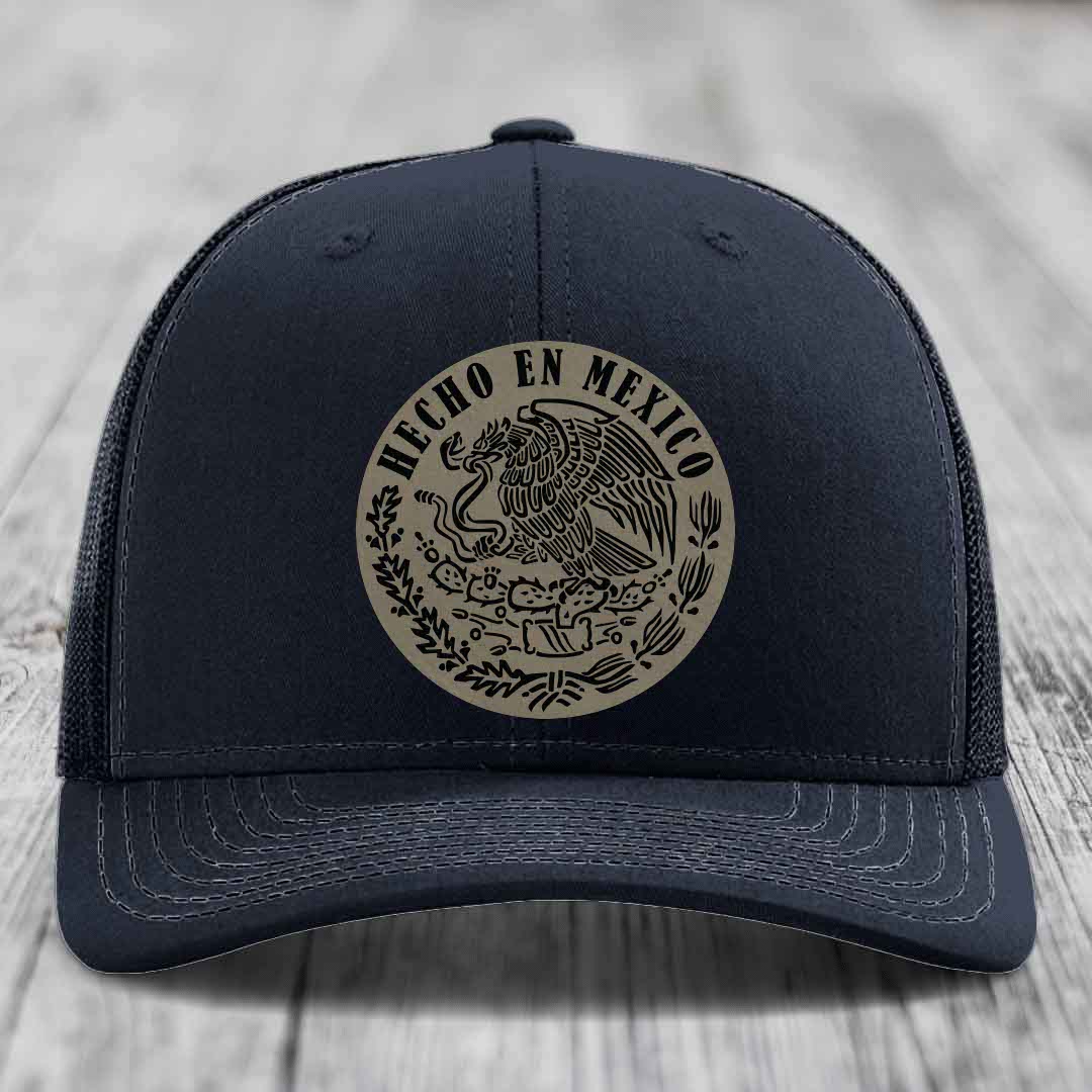 Hecho En Mexico - Leather Patch Hat - Light Brown to Black Patch - Richardson 112 Snapback Trucker Hat