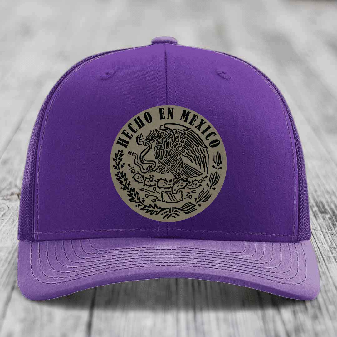 Hecho En Mexico - Leather Patch Hat - Light Brown to Black Patch - Richardson 112 Snapback Trucker Hat
