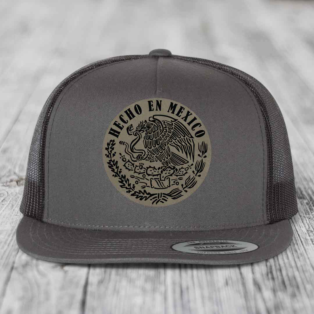 Hecho En Mexico - Leather Patch Hat - Light Brown to Black Patch - Yupoong 6006 Snapback Flatbill Hat