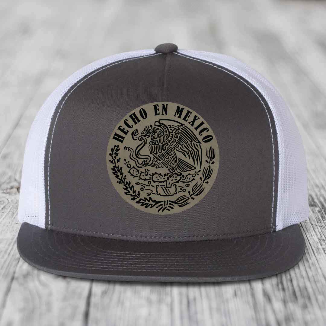 Hecho En Mexico - Leather Patch Hat - Light Brown to Black Patch - Yupoong 6006 Snapback Flatbill Hat