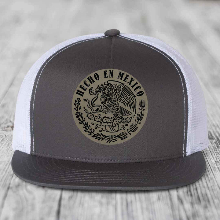Hecho En Mexico - Leather Patch Hat - Light Brown to Black Patch - Yupoong 6006 Snapback Flatbill Hat
