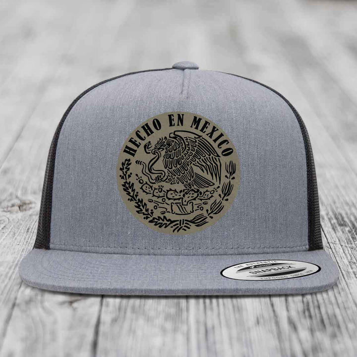 Hecho En Mexico - Leather Patch Hat - Light Brown to Black Patch - Yupoong 6006 Snapback Flatbill Hat