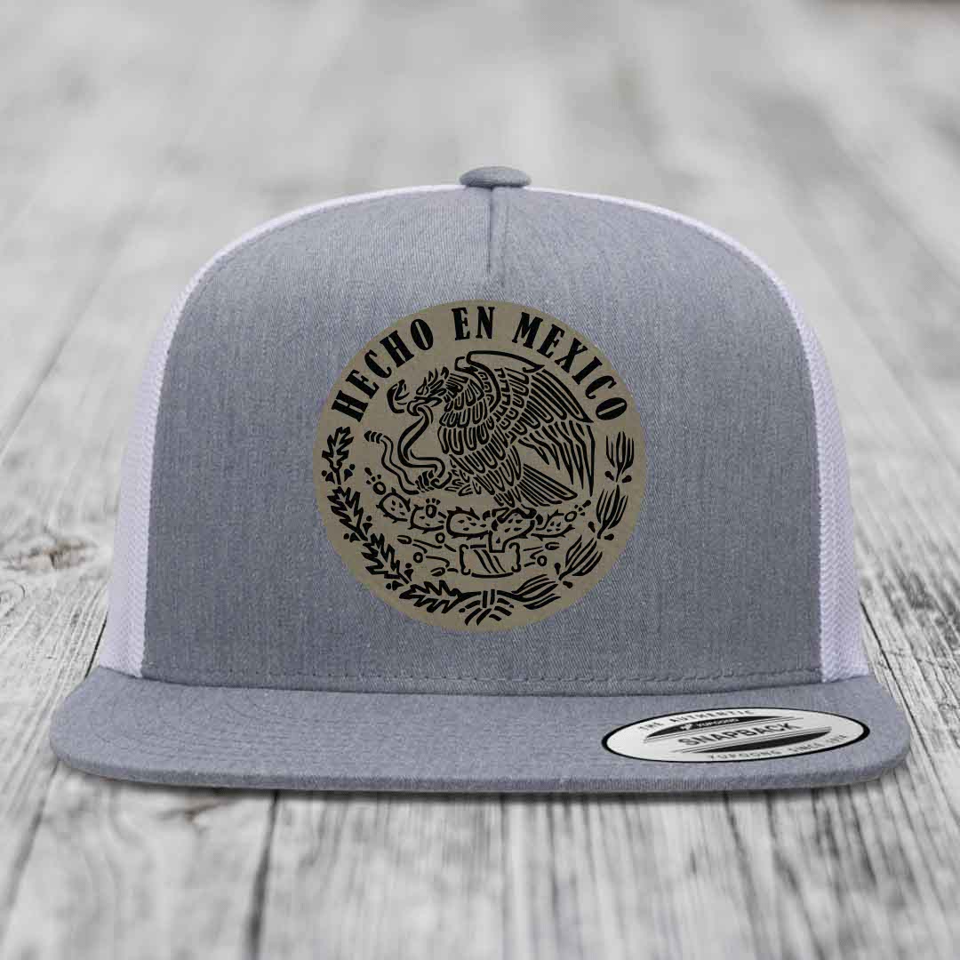 Hecho En Mexico - Leather Patch Hat - Light Brown to Black Patch - Yupoong 6006 Snapback Flatbill Hat