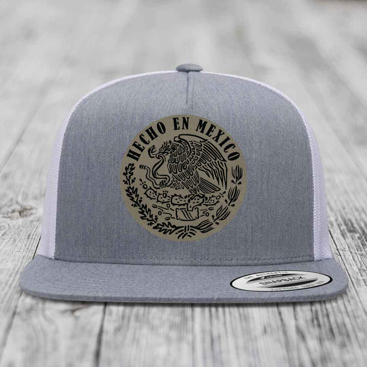 Hecho En Mexico - Leather Patch Hat - Light Brown to Black Patch - Yupoong 6006 Snapback Flatbill Hat