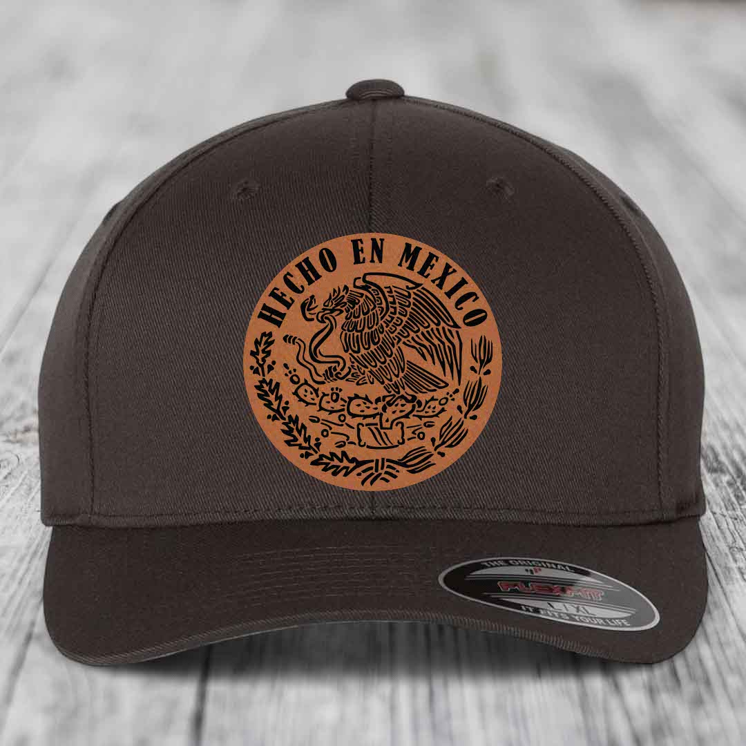Hecho En Mexico - Leather Patch Hat - Rawhide to Black Patch - Flexfit 6277 Fitted Hat