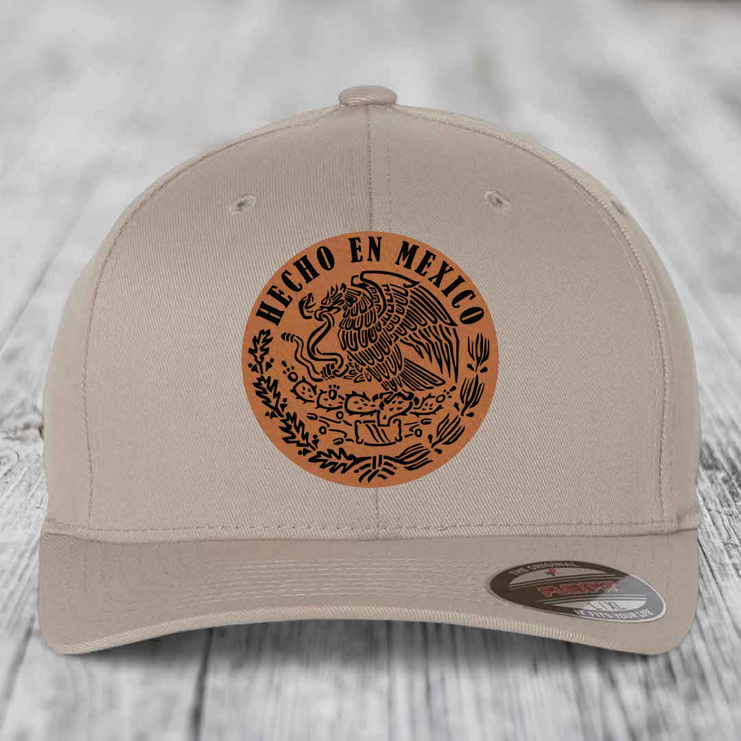 Hecho En Mexico - Leather Patch Hat - Rawhide to Black Patch - Flexfit 6277 Fitted Hat