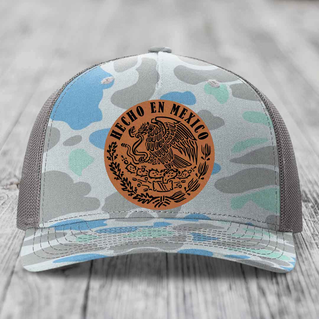 Hecho En Mexico - Leather Patch Hat - Rawhide to Black Patch - Richardson 112PFP Snapback Trucker Hat