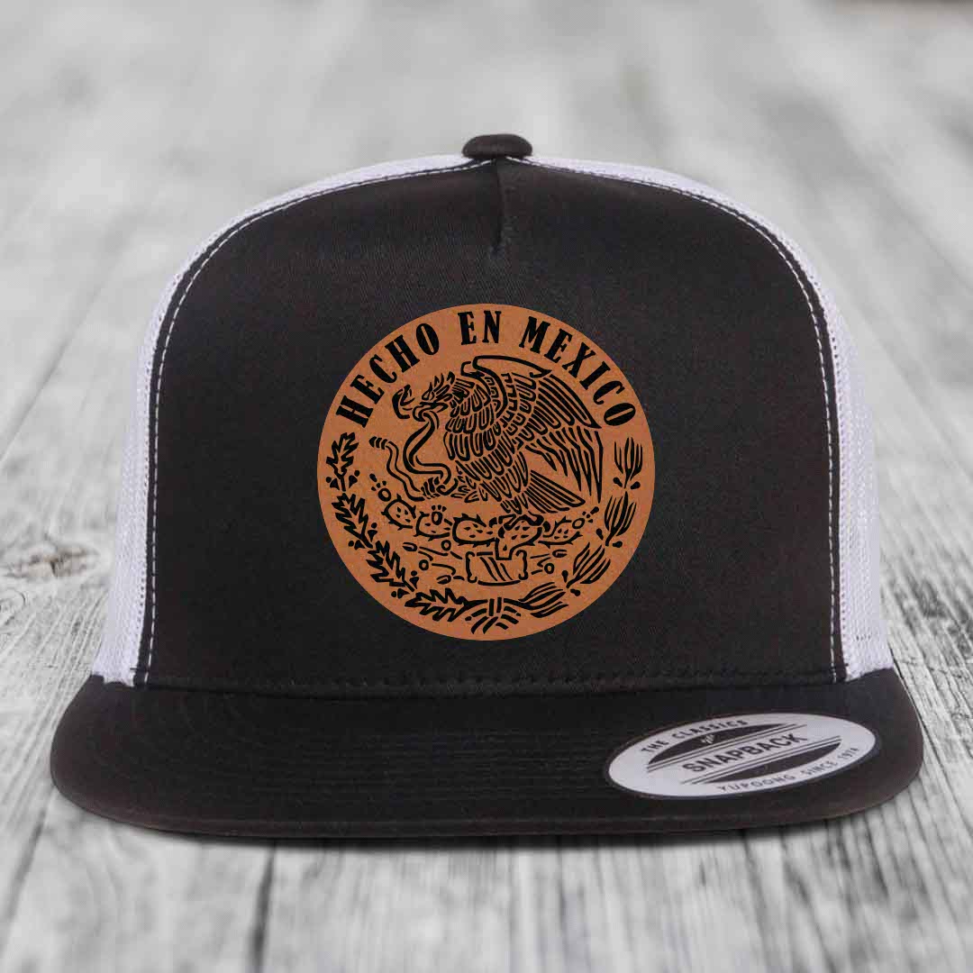 Hecho En Mexico - Leather Patch Hat - Rawhide to Black Patch - Yupoong 6006 Snapback Flatbill Hat