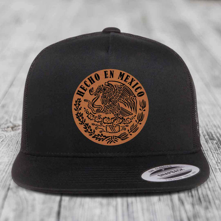Hecho En Mexico - Leather Patch Hat - Rawhide to Black Patch - Yupoong 6006 Snapback Flatbill Hat