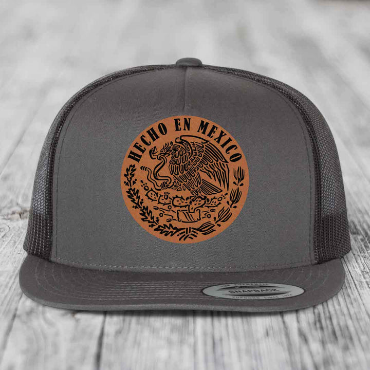 Hecho En Mexico - Leather Patch Hat - Rawhide to Black Patch - Yupoong 6006 Snapback Flatbill Hat