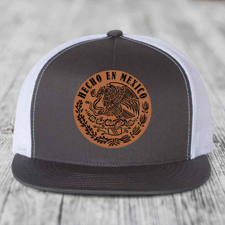 Hecho En Mexico - Leather Patch Hat - Rawhide to Black Patch - Yupoong 6006 Snapback Flatbill Hat