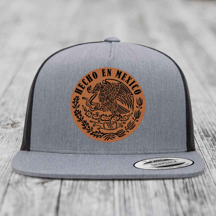 Hecho En Mexico - Leather Patch Hat - Rawhide to Black Patch - Yupoong 6006 Snapback Flatbill Hat