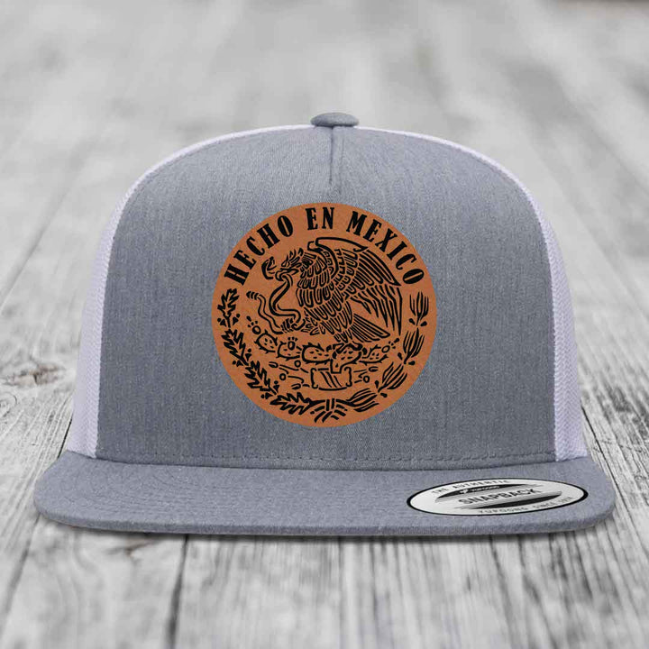 Hecho En Mexico - Leather Patch Hat - Rawhide to Black Patch - Yupoong 6006 Snapback Flatbill Hat