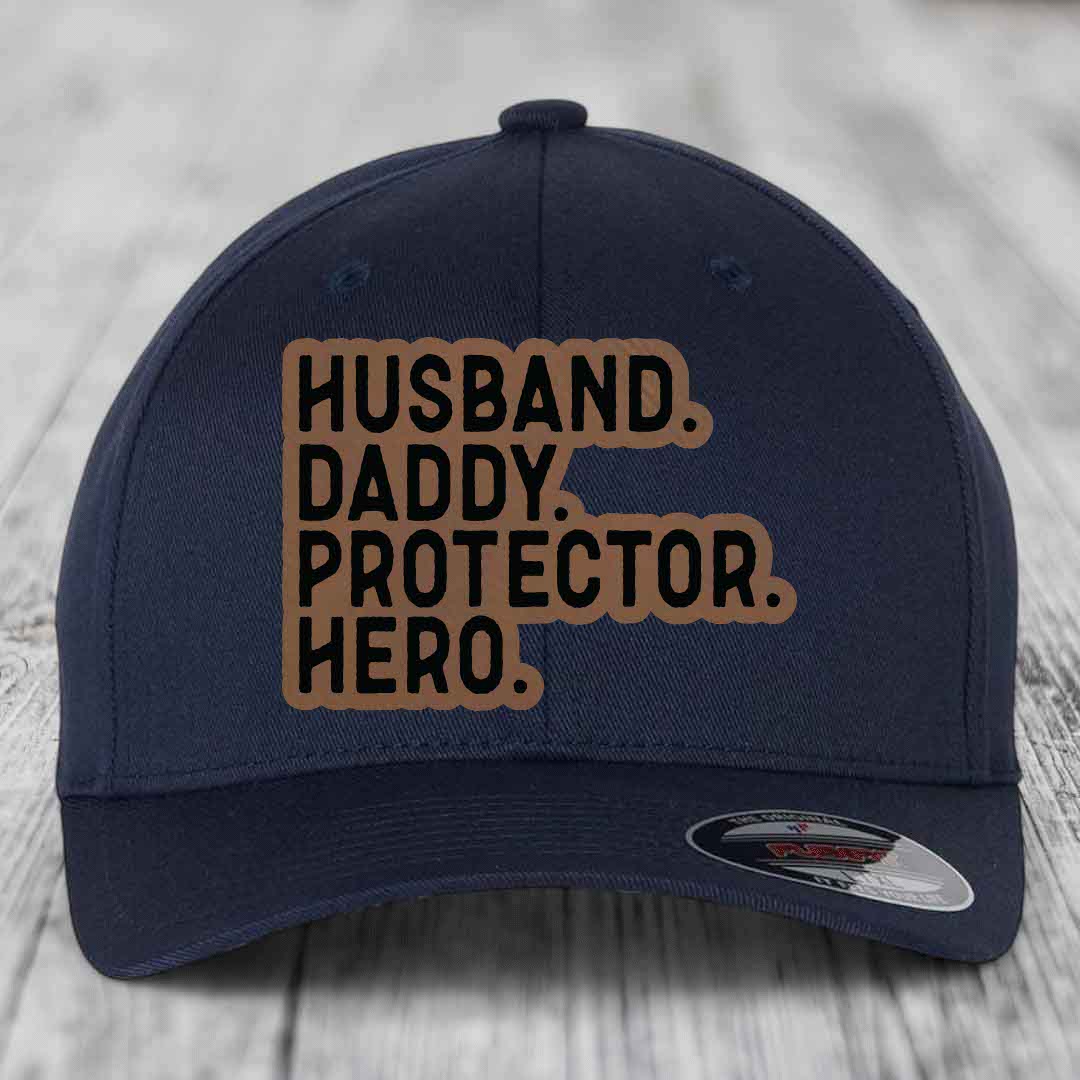 Husband Daddy Protector Hero - Leather Patch Hat - Dark Brown to Black Patch - Flexfit 6277 Fitted Hat