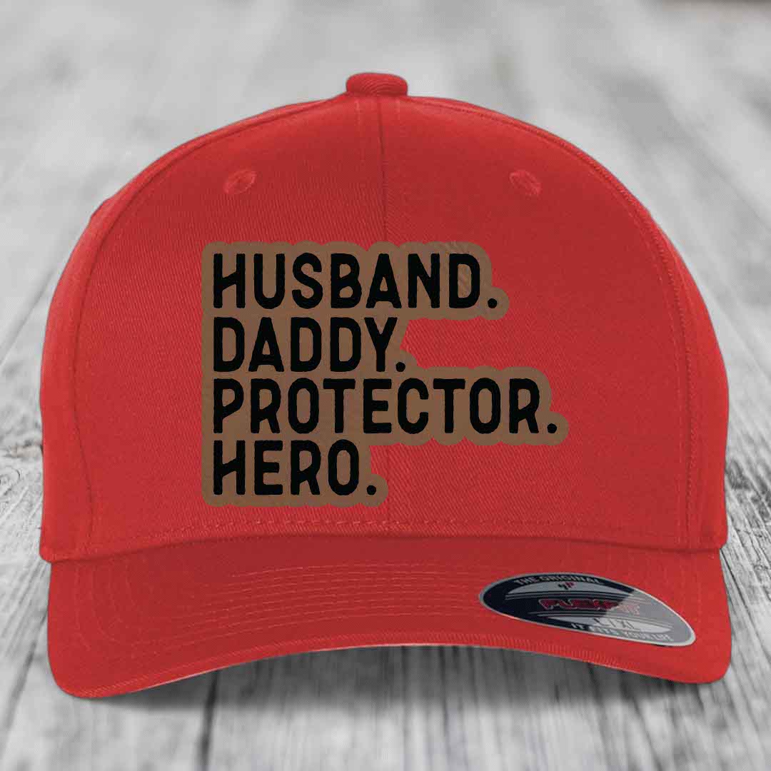 Husband Daddy Protector Hero - Leather Patch Hat - Dark Brown to Black Patch - Flexfit 6277 Fitted Hat