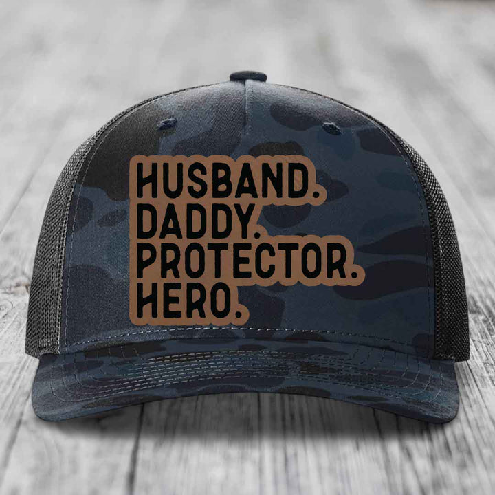 Husband Daddy Protector Hero - Leather Patch Hat - Dark Brown to Black Patch - Richardson 112PFP Snapback Trucker Hat