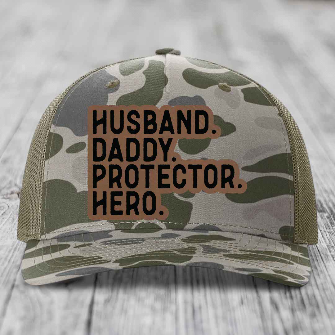 Husband Daddy Protector Hero - Leather Patch Hat - Dark Brown to Black Patch - Richardson 112PFP Snapback Trucker Hat