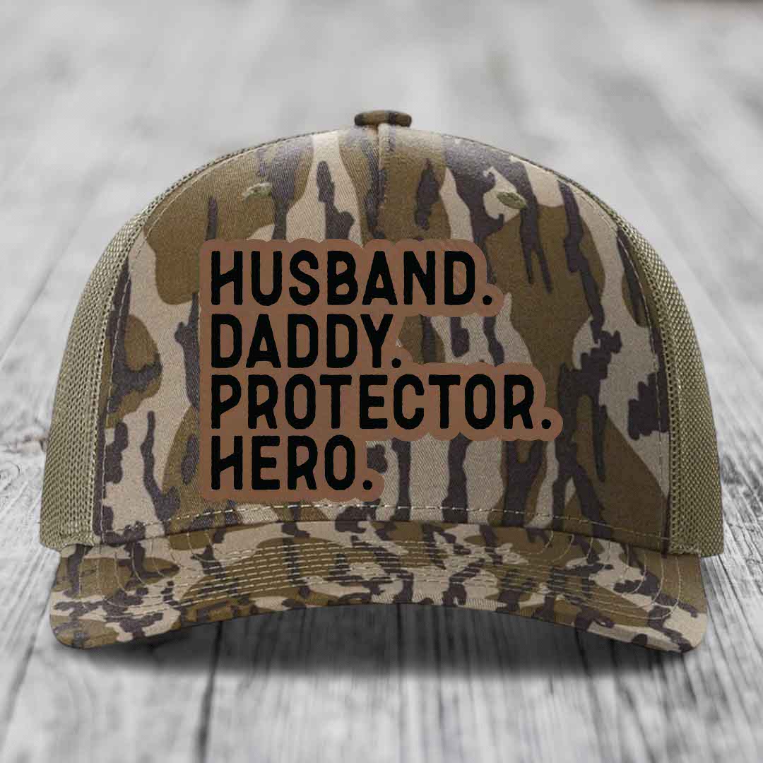 Husband Daddy Protector Hero - Leather Patch Hat - Dark Brown to Black Patch - Richardson 112PFP Snapback Trucker Hat