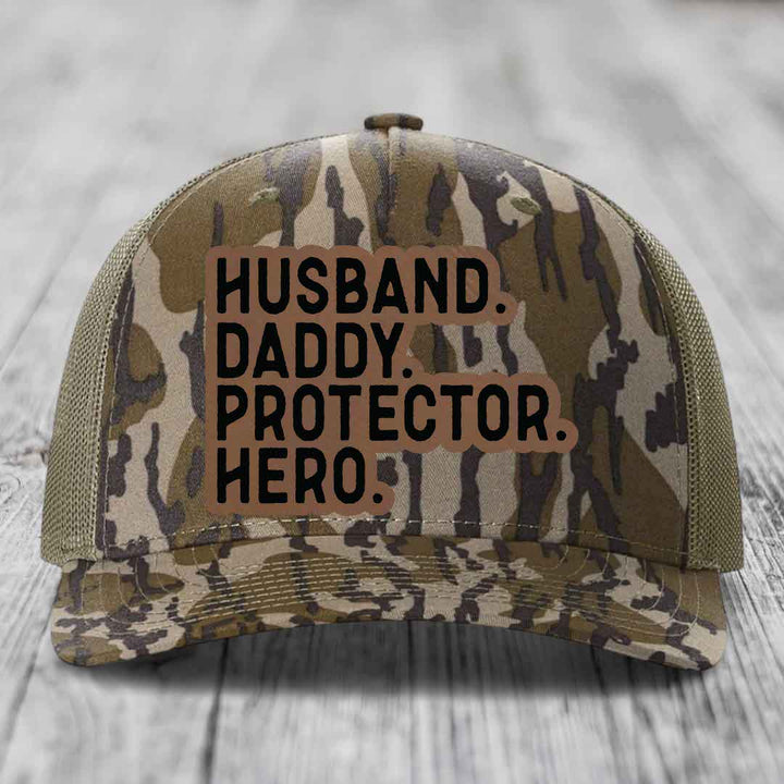 Husband Daddy Protector Hero - Leather Patch Hat - Dark Brown to Black Patch - Richardson 112PFP Snapback Trucker Hat