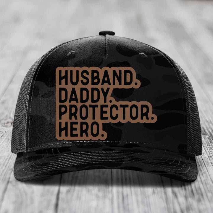 Husband Daddy Protector Hero - Leather Patch Hat - Dark Brown to Black Patch - Richardson 112PFP Snapback Trucker Hat